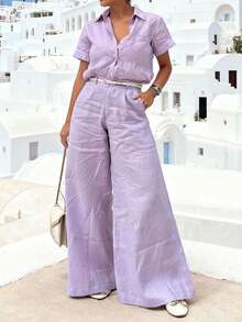 GLOURI Women's Lavender Collared Short-Sleeve Two-Piece Set - Button-Front & Wide-Leg Pants & Belt Detail | Elegant Relaxed Style For Coastal Vacations (Relaxed Silhouette & Waist-Defining Belt Detail) For Effortlessly Chic Looks - Purple - View 5