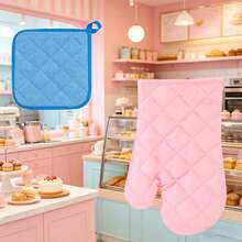 Refreshing Pink & Blue Kitchen Heat Resistant Gloves & Pot Holders Set, Thick Non-Slip Design Suitable For Oven & Microwave, Practical & Stylish Kitchen Accessories - View 3