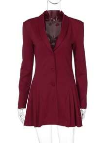 Elegant Short Dress With Blazer Collar And Deep V-Neck In A Solid Color - 酒紅色 - 查看 8