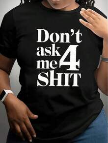 Women's Casual Sports T-Shirt With Bold White Text Design - Black Stretch Crew Neck T-Shirt, Machine Washable And Suitable For All Seasons. Opaque Fabric Leisure Garment That Combines Modern Style And Comfort. - 黑色 - 查看 6