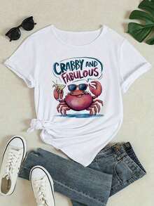 Women's Short Sleeve T-Shirt, Women's Holiday Clothes, Fitted T-Shirt With Funny Crab Print - Opaque Fabric Round Neck Top, Stylish Crab With Glasses Design, Slightly Stretchy And Comfortable, Suitable For Beach, Parties And Casual Daily Wear - Machine Washable All Season Short Sleeve T-Shirt, Weekend Style, Funny Slogan, Stretchy Material, Plus Size For Adults, Retro Summer T-Shirt With Funny Holiday Print. - 白色 - 查看 2