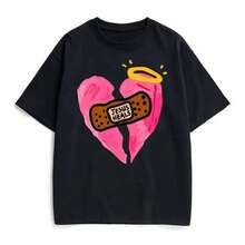 Women Pure Cotton T-Shirt Funny Print Jesus Heals Heart Bandage Design Cute And Elegant Summer Clothing Y2K Fashion High Quality Casual Wear For Parties And Everyday Outfits  Graphic Tee With Religious Humor And Playful Art Style Perfect For Youth And Fashion Lovers - 黑色 - 查看 1