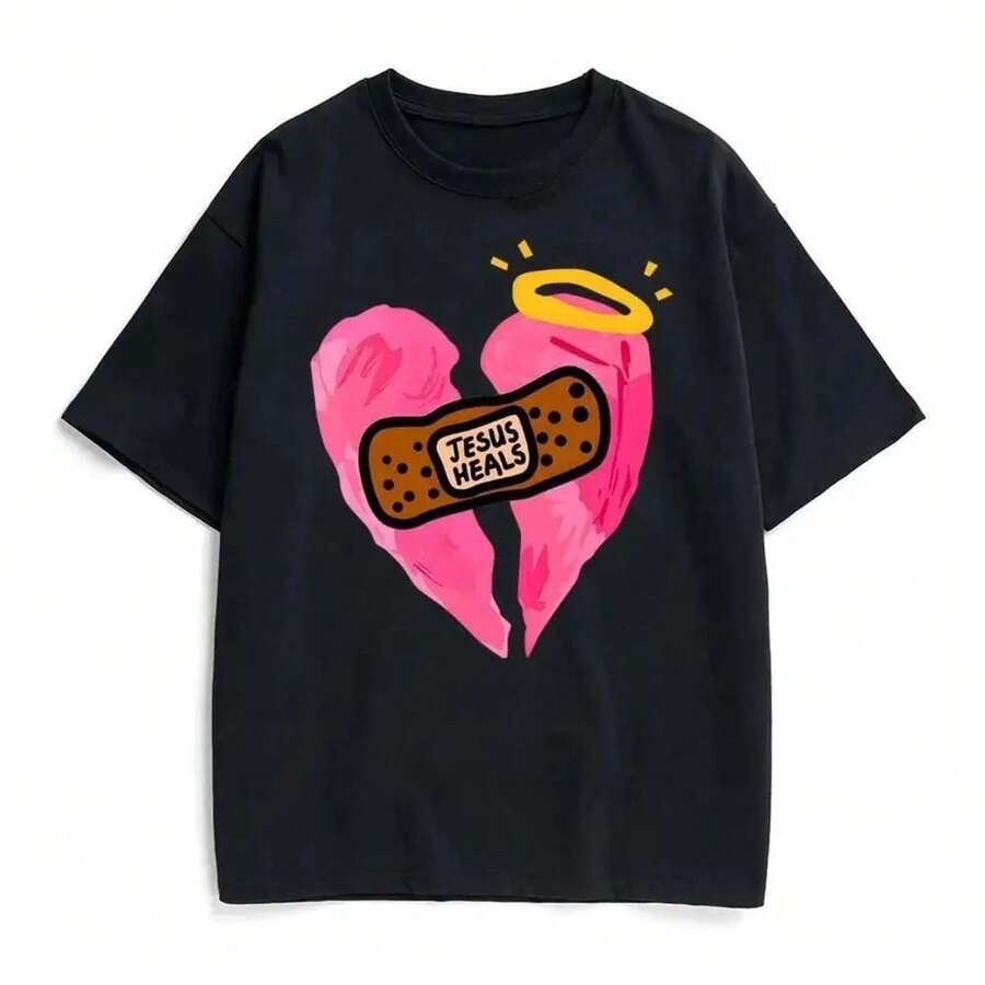 Women Pure Cotton T-Shirt Funny Print Jesus Heals Heart Bandage Design Cute And Elegant Summer Clothing Y2K Fashion High Quality Casual Wear For Parties And Everyday Outfits Graphic Tee With Religious Humor And Playful Art Style Perfect For Youth And Fashion Lovers - 黑色 - 查看 1