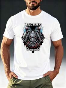 Camiseta de manga corta para hombre, de puro algodón con estampado de mecha de tiburón espacial, temática de ciencia ficción y estilo oscuro, informal y cómoda. - Blanco - Ver 8
