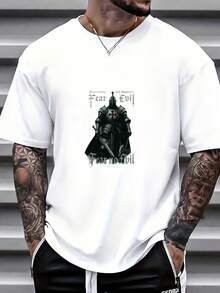 Camiseta Gráfica de Caballero "No Tema al Mal" para Hombre - Manga Corta, Cuello Redondo, Estilo Casual con Diseño de Caballero, Lavable a Máquina, Adecuada para Reuniones Familiares, Eventos de Equipo y Vestimenta Casual, Regalo para Él, Para Todo el Año (Corte Regular), Una camiseta de manga corta adecuada para el hogar, uso diario, fiestas y viajes-perfecta como regalo para amigos o familiares. - Blanco - Ver 5