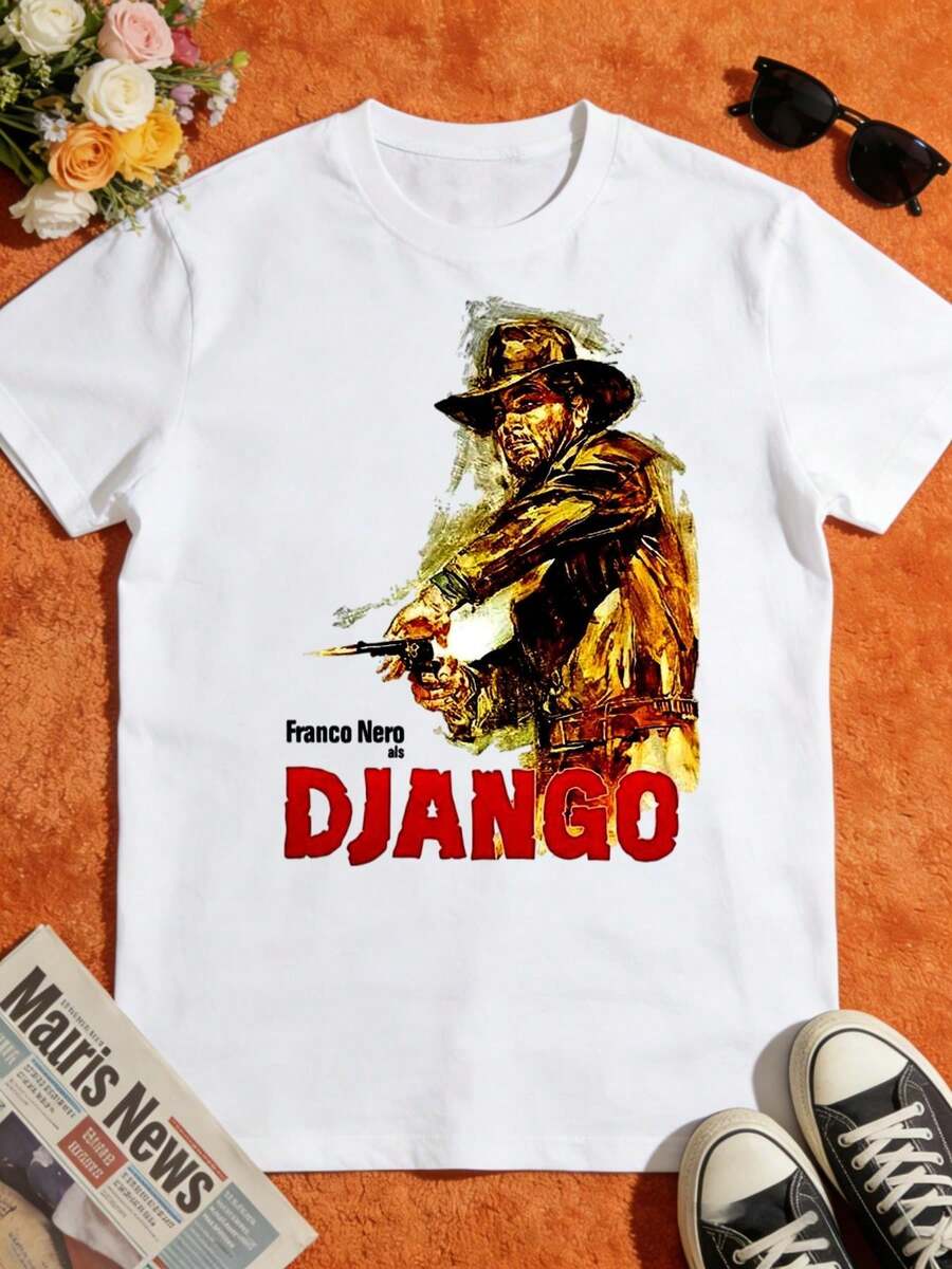 White T-Shirt With A Striking "Franco Nero As Django" Design, Perfect For Fans Of Classic Westerns. Made With High-Quality Materials, This Shirt Is Ideal For Casual Outings Or Movie Nights. It's A Short-Sleeved T-Shirt Suitable For Lounging At Home, Everyday Wear, Parties, And Travel, And Makes A Perfect Gift For Friends Or Family. - 白色 - 查看 1