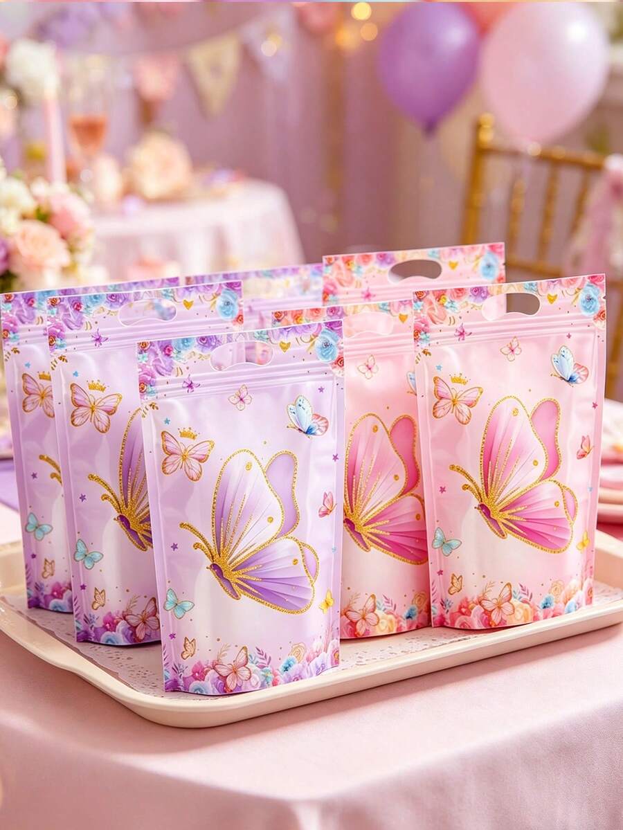 25个蝴蝶图案礼品袋，蝴蝶花朵图案礼品袋，带提手派对回礼袋，适合一周岁生日派对装饰、婴儿派对回礼袋、性别揭晓派对用品、生日婚礼装饰、新娘送礼会礼品袋、糖果袋、女婴派对回礼、派对礼品袋填充物。