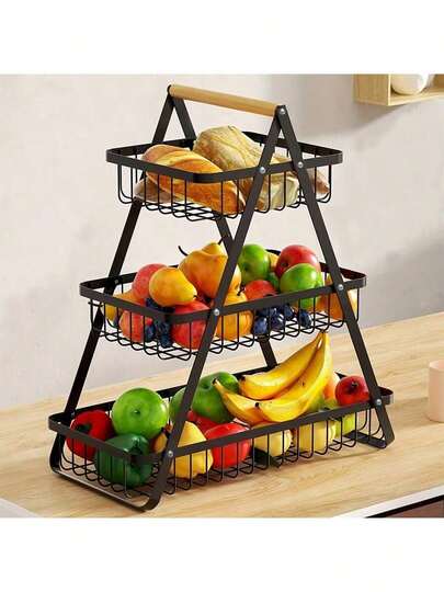 Frutero de 3 niveles/2 niveles para encimera, estantería de almacenamiento de cocina, tazón de frutas portátil con asa de madera, desmontable, resistente al agua y a la oxidación, ideal para frutas, verduras, pan y aperitivos, perfecto para la cocina, el baño, la oficina, picnics al aire libre y fiestas, excelente para el almacenamiento en la encimera y la decoración del hogar, imprescindible para las vacaciones