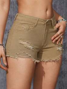 Pantalones cortos de mezclilla para mujer con bolsillos y bajo deshilachado - Amarillo Mostaza - Ver 3