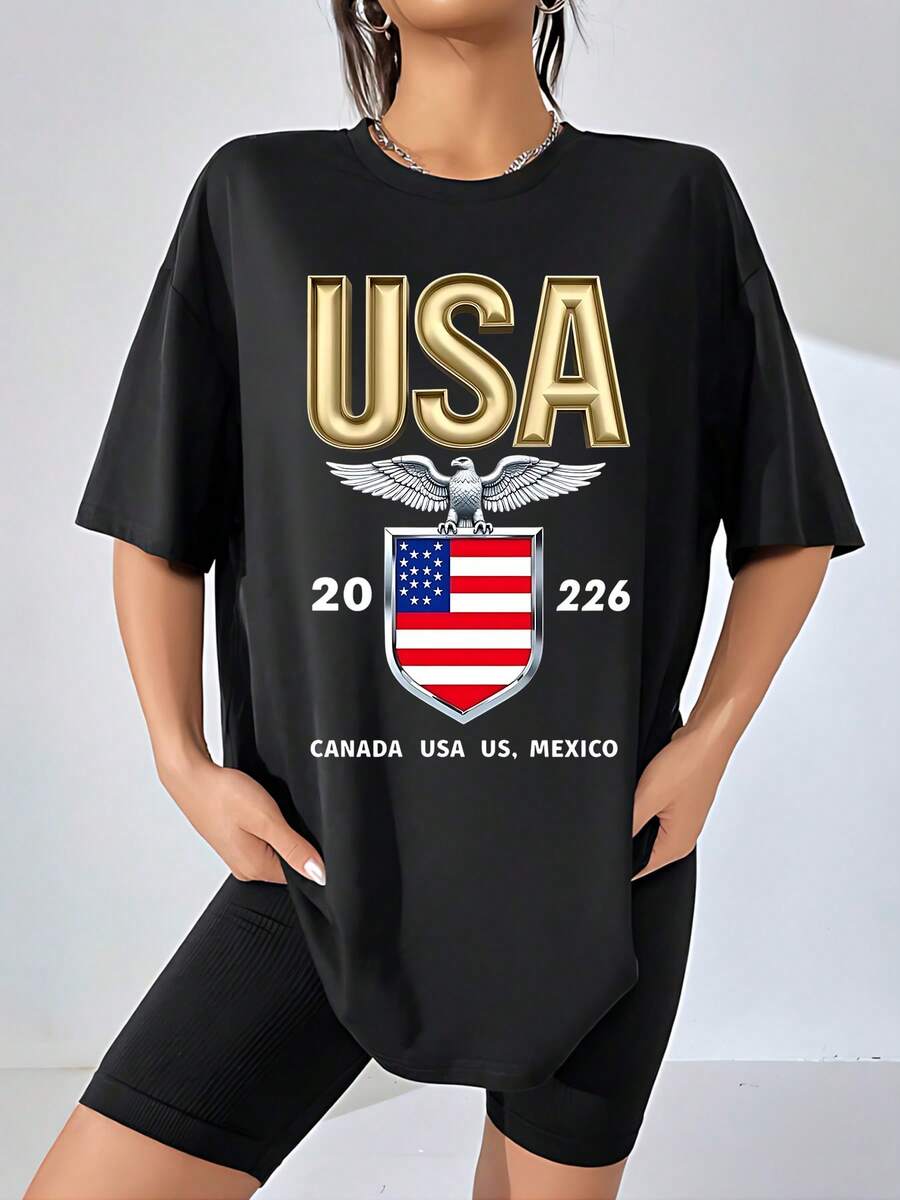 Águila plateada sobre escudo con la bandera de Estados Unidos representando fuerza y libertad junto al número 20226 y países vecinos Canadá y México camiseta de mujer 100% algodón cómoda y moderna para uso diario - Negro - Ver 1