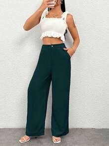 Pantalones casuales simples de unicolor para mujer para usar todos los días - Verde Oscuro - Ver 7