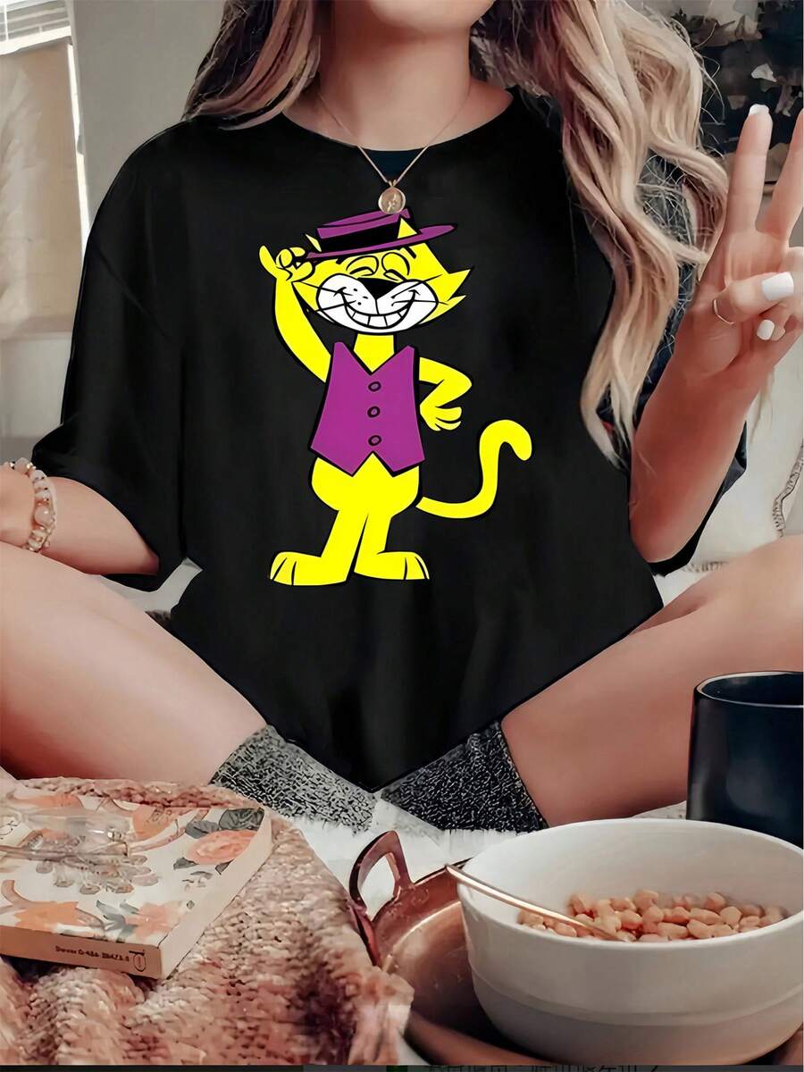 1 pieza de camiseta de mujer con estampado de gato de dibujos animados, estilo casual, cuello redondo, manga corta, tejido de poliéster de elasticidad media, camiseta de moda para todas las estaciones Y2k. - Negro - Ver 1