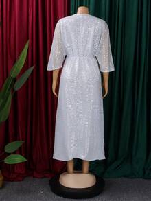 Vestido largo maxi con lentejuelas y abertura lateral para mujer talla grande - blanquecino - Ver 3