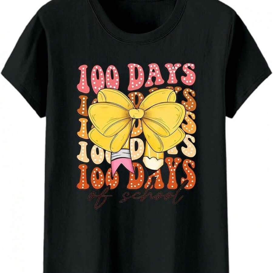Casual Shclothest-Sleeved T-Shirt fclothes Women - 100 Days of Graphic Printing with Heart And Letter clothes, Medium-Stretch Round Neckline, Regular Fit fclothes Comfclothest in All Seasons, Women'S T-Shirts, Daily Comfclothest, Playful clothes, Non-Transparent Material, Relaxed Style, Geometric Pattern, Durable T-Shirt, Printed Shirt, Fashion Lovers. - Negro - Ver 1