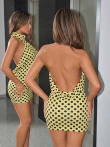 ICON Vestido mini ajustado con cuello alto, espalda descubierta y volantes - Amarillo - Ver 2