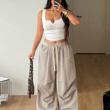 Women's Plus Size Summer Going Out Outfit Casual Streetwear Mid Rise Wide Leg Elastic Waistband  Letter Graphic Drawstring Waist Pocket Striped Pleated Pants Oversized Inclusive Sizing Pant - Azul y blanco - Ver 3