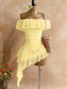 Spring & Summer Vacation Knit Mesh Strapless Fitted Multilayer Ruffle Asymmetric Hem Dress, Suitable For Garden Party, Tea Party, Flower Arranging, Date, Bohemian, Boho, Vacation,Summer Dresses For Women - Multicolor - View 11