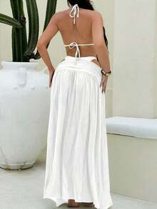 Vaytide Set de 3 piezas: Bikini de tela brillante de unicolor con diseño de aro de metal asimétrico + Vestido de malla larga tipo capa para la playa, traje de baño de resort vacacional para mujer - Blanco - Ver 2