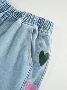 Jeans casuales de pierna ancha con cintura elástica, bolsillo en diagonal y bordado de corazón para mujer - Azul 4 - Ver 3