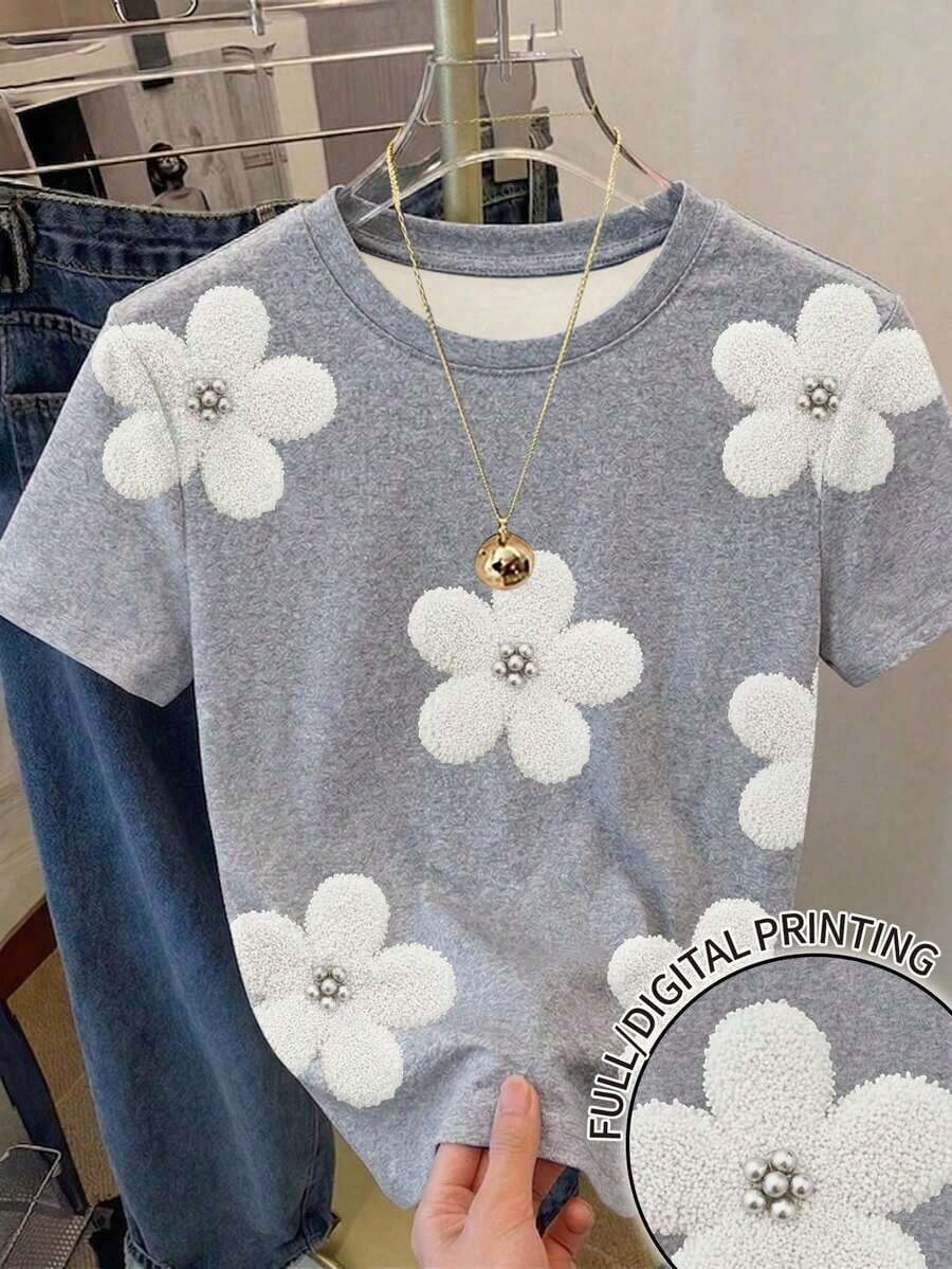 Camiseta casual de mujer con estampado todo sobre, linda y elegante para vacaciones, fiestas en la playa, estampado floral Y2K, moda callejera, vuelta al colegio, ocio festivo - Multicolor 4 - Ver 1