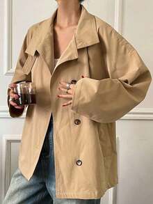 Chaqueta cortavientos de unicolor elegante y de moda para mujer, abrigo de mujer de corte regular de un solo pecho - Caqui - Ver 7