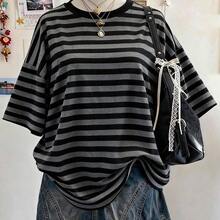 Striped Digital Print Casual Plus Size Women Long Round Neck Drop Shoulder T-Shirt, Gift For Friends - Multicolor - Ver 2