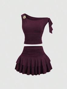 Conjunto de top de tirantes y minifalda plisada y con decoración de flores metálicas para mujer, ideal para el verano - Rojo violeta - Ver 3