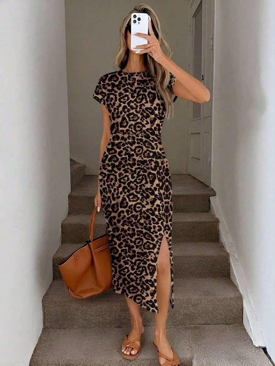 Vestido midi sin mangas con estampado de lunares marrones y azules, cintura elegante con detalle retorcido y abertura alta, vestido ajustado de punto casual para mujer, atuendo de cumpleaños para mujer, conjunto deportivo para mujer, vestido para invitadas de boda, ropa de oficina para mujer, vestidos de verano para mujer. - Multicolor 2 - Ver 1
