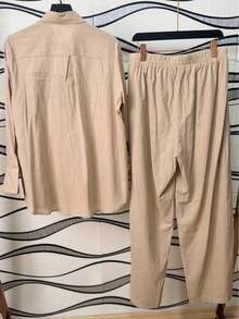 Linen Shirt And Pants Set, 2 Pieces, Lined With Elastic. - Khaki - View 5
