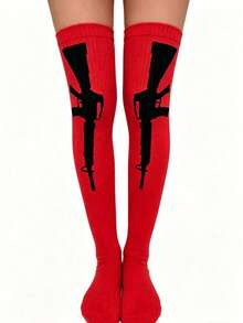 Unisex Solid Color Minimalist Streetwear Thigh High Socks, Mysterious Party Celebration Striped Knee-High Socks - Black and White - View 5