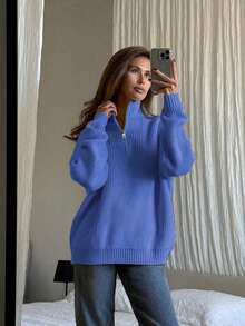 Women's Simple Ribbed Solid Color Casual Korean Textured Commute Loose Versatile Stand Collar Zipper Half-Placket Pullover Long Sleeve Sweater, Spring/Autumn/Winter - Blue - View 5