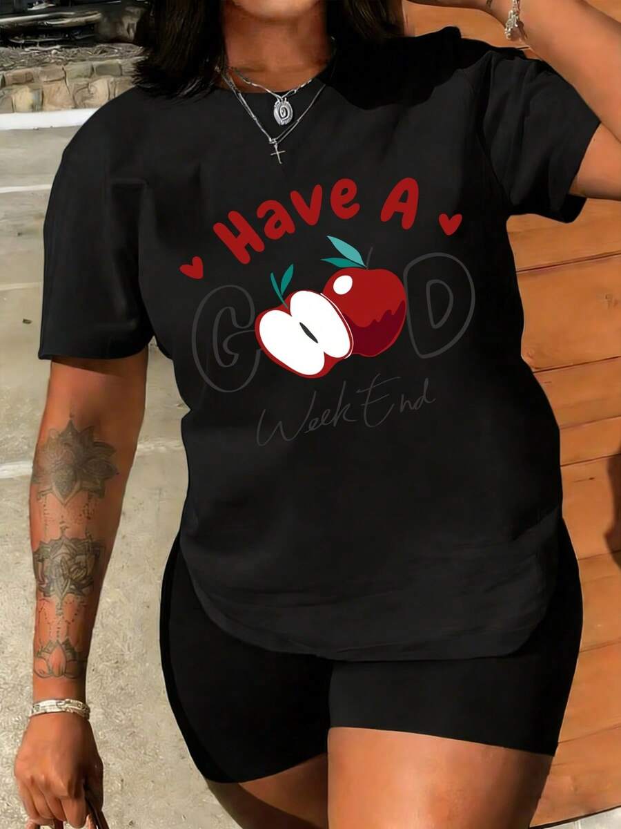 Camiseta de Talla Grande para Mujer, Hecha de Mezcla Suave y Transpirable, con Dise￱o Creativo de Manzana y Frase "Que Tengas un Buen Fin de Semana", I como Regalo de Fiesta. Lavable a M£quina. Entrega Local
