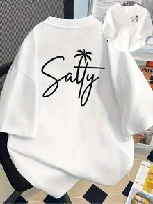 Women's Tropical Print T-Shirt - "Salty" Design With Palm Trees And Stars, Casual Short Sleeve Crew Neck, Lightweight Polyester Blend, Perfect For Spring And Summer, Casual Summer Wear | Tropical Print Top | Y2k Comfortable Fit T-Shirt - 白色 - 查看 10