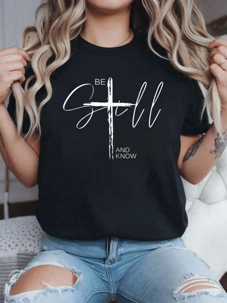 100% algodón.Camiseta inspiradora cristiana de Jesús "Be Still And Know" para mujer.Camisetas estampadas, camiseta de cuello redondo, camisetas gráficas para mujer, camiseta casual de manga corta para primavera y verano, ropa de mujer. - Negro - Ver 1