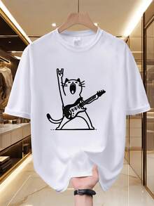 Unisex Short-Sleeved T-Shirt, "Rock Cat" Guitar Print T-Shirt - Fun, Casual, Short-Sleeved - A Choice For Cat Lovers And Music Enthusiasts. - 白色 - 查看 1