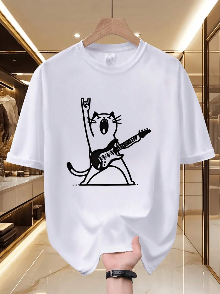 Unisex Short-Sleeved T-Shirt, "Rock Cat" Guitar Print T-Shirt - Fun, Casual, Short-Sleeved - A Choice For Cat Lovers And Music Enthusiasts. - 白色 - 查看 1