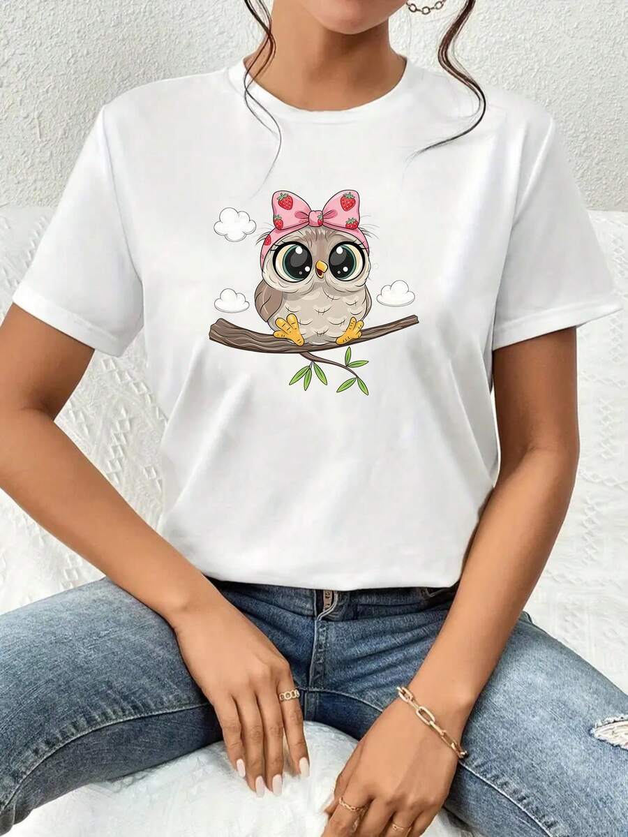 Fashionable Women's Casual Spring, Summer, And Autumn T-Shirt With Pink Strawberry Bow, Big-Eyed Owl And Branches Pattern Print, Round Neck, Short Sleeve, Stylish Women's Clothing, Ideal For Family, Outdoor Activities, Travel, Versatile Gift For All 4 Seasons - 白色 - 查看 1