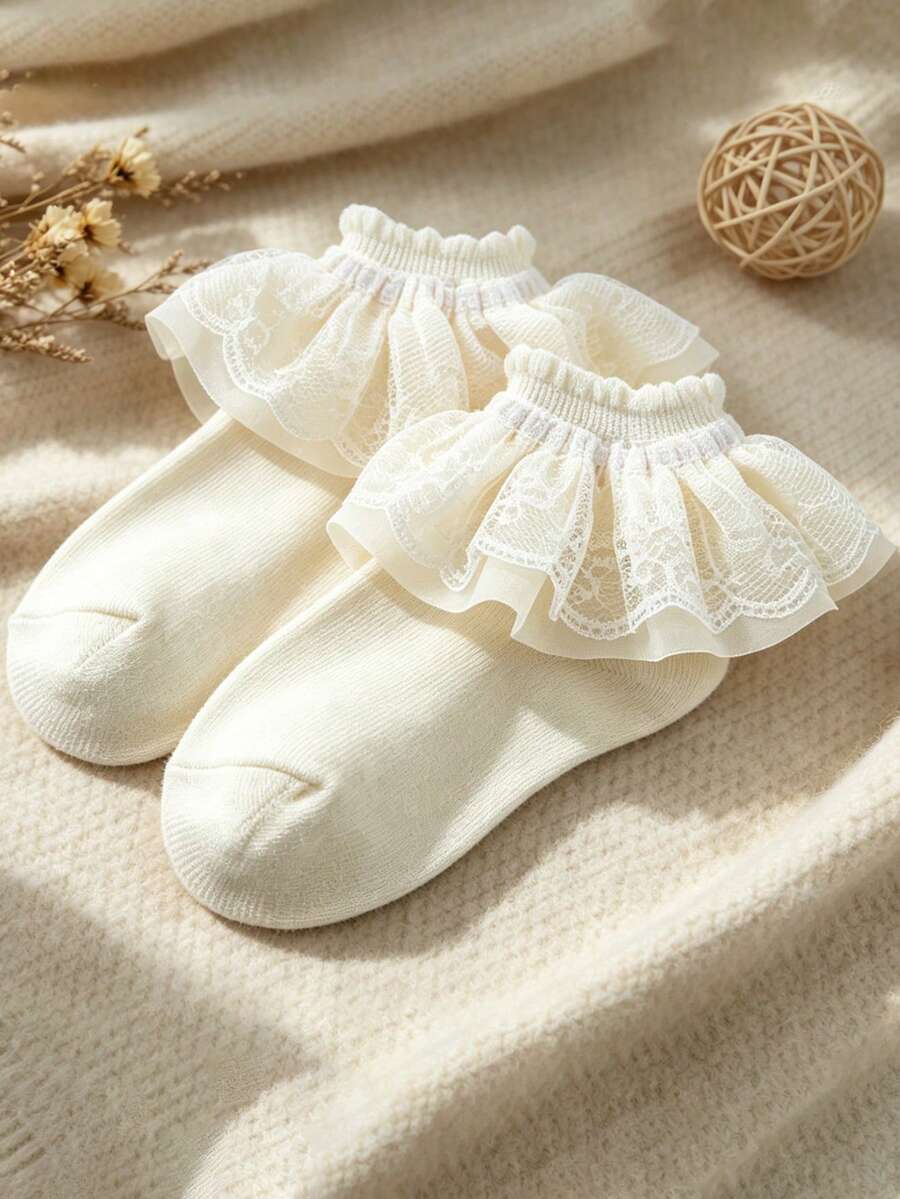 1双荷叶边短袜,春夏百搭女童校园袜,可爱米色甜美公主风刺绣蕾丝边短袜,荷叶边卡哇伊公主袜,时尚休闲透气柔软短袜,适合学校服装、舞蹈表演、派对、休闲活动 - 米色 - 查看 1