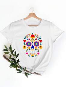 Camiseta blanca elegante de mujer con impresión de cráneo de azúcar vibrante, perfectara el uso cotidiano casual - Blanco - Ver 2