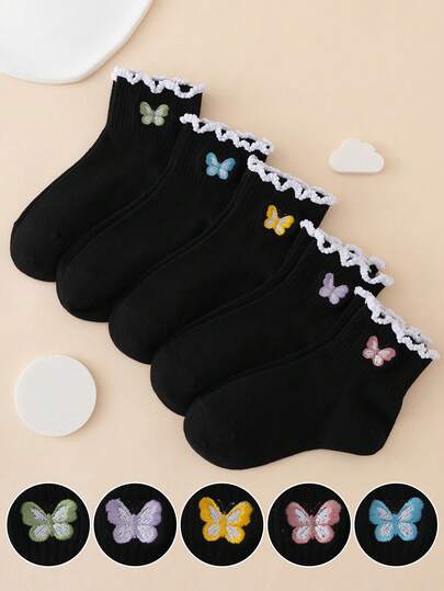 5 Pares de Meias Infantis com Bordado de Padrão Fofo de Borboleta Cartoon, Barra Franzida, Meias Esportivas, Todas as Estações, Tamanho Europeu e Americano, Confortável, Respirável e Durável, Adequado para Uso Diário, Tecido Premium, Não Sufocante