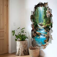 1 pieza Pegatina de pared 2D con diseño de pared rota, bosque y arroyo, diseño de agujero 3D, decoración de pared de fondo para baño - Multicolor - Ver 5