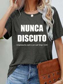 Camiseta gráfica con eslogan español de verano para mujer, uso diario casual y cómodo en color negro - Gris - Ver 5