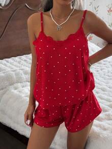 Conjunto de pijama para mujer, de tela de canalé, con estampado de corazones y aplicaciones de encaje, romántico, dulce, lindo y sexy, con camiseta y shorts - Rojo - Ver 3