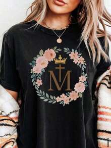 1 camiseta católica mariana, regalo católico, camiseta religiosa católica mariana, ropa de fe cristiana, camisetas religiosas florales para mujer, camiseta con cruz, camisetas lindas de verano para mujer, camiseta estampada de cuello redondo, camisetas gráficas para mujer, 180g 100% algodón, todos los diseños están impresos. Unisexo. - Negro 011 - Ver 12