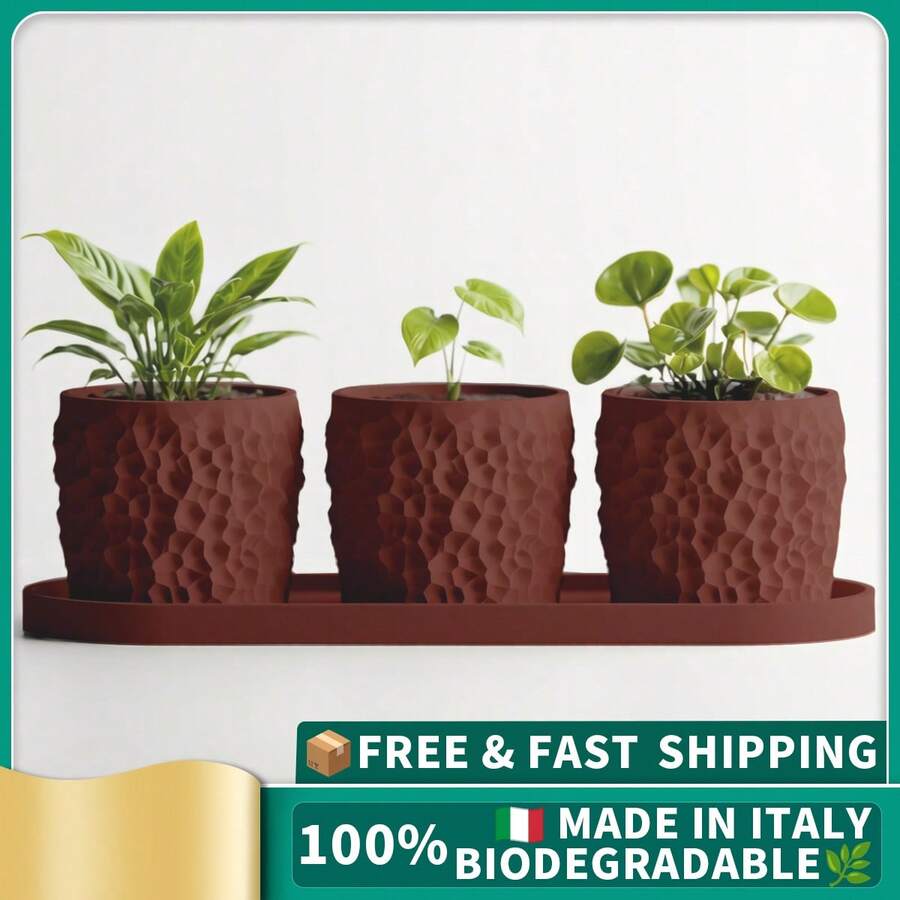 ORIZZONTE Juego de jarrones decorativos modernos con bandeja ovalada – Diseño minimalista con textura geométrica efecto piedra para suculentas y bonsáis – 100% Hecho en Italia, Envío desde Italia