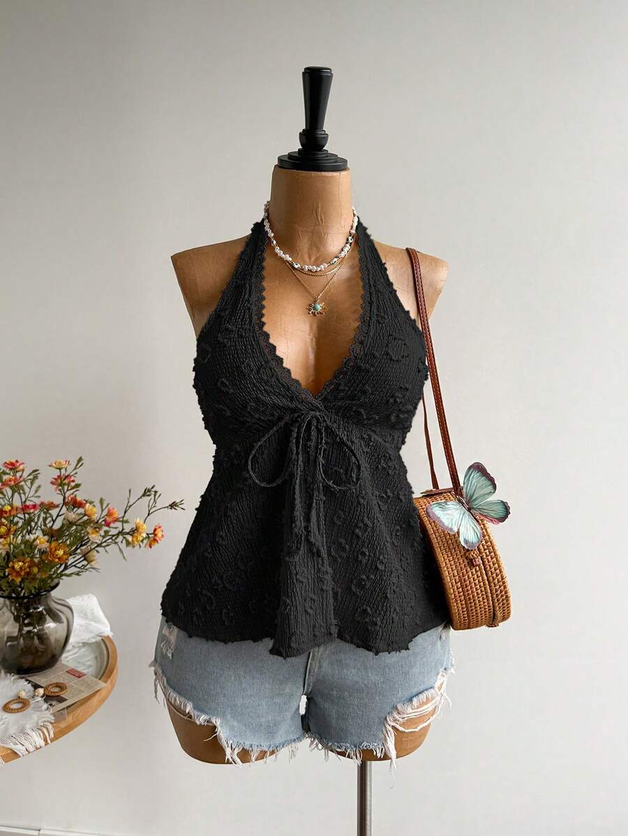 Rusttydustty Áo nữ size lớn cổ yếm thắt nơ trước bề mặt vân đen mùa hè - màu đen - Xem 1