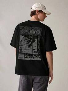 SWAVVY Men's Casual Short Sleeve Crew Neck T-Shirt With Letter And Pineapple Print, Men's Crew Neck Printed T-Shirt, Urban Style, White And Red Graphic T-Shirts For Men, Japanese Urban Style Graphic T-Shirt. - 黑色 3 - 查看 5
