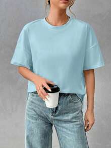 Camiseta holgada de estilo minimalista casual para mujer, con parte delantera corta y parte trasera larga, versátil para usar en la calle, adecuada para primavera y verano - Azul 2 - Ver 6