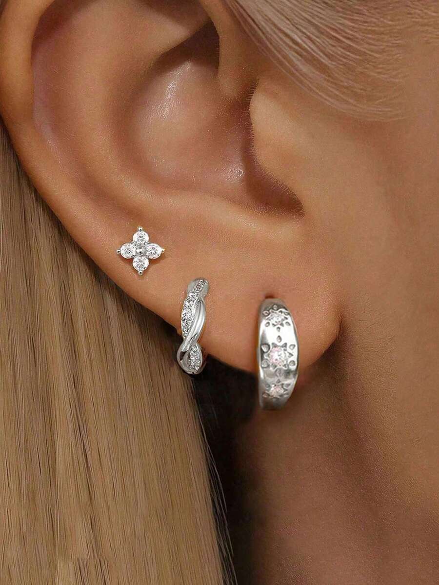 3PCS Fashion Irregularity Sun Hoop Earrings Sets For Women Four Leaf Grass Ear Stud Aesthetic Luxury Designer Jewelry Gifts - 3PCS-silver - View 1