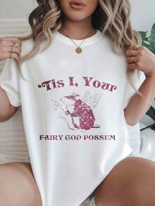 Camiseta Casual de Manga Corta para Mujer - Diseño "Tis I Your Fairy God Possum" con Mapache Alado, Cuello Redondo, Top de Verano, Lavable a Máquina, Camisetas para Damas, Ropa Casual, Estilo Moderno, Ajuste Cómodo  
 -Blanco - Blanco - Ver 1